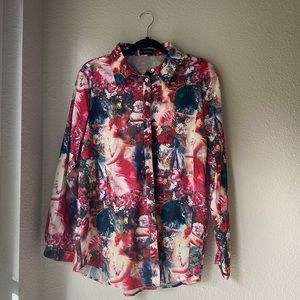 PrettyLittleThing Rose Femme Renaissance Print Oversized Button Down Shirt